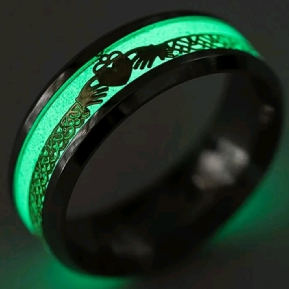New Glow in the Dark Claddagh Black Stainless Steel Ring.